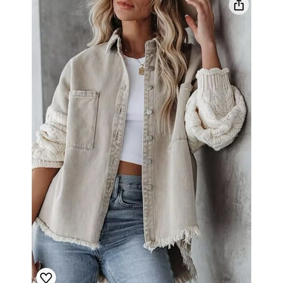 Jena Green By Apricot Lane Cable Knit Sweater Denim Jacket Large 100% Cotton - Picture 6 of 13